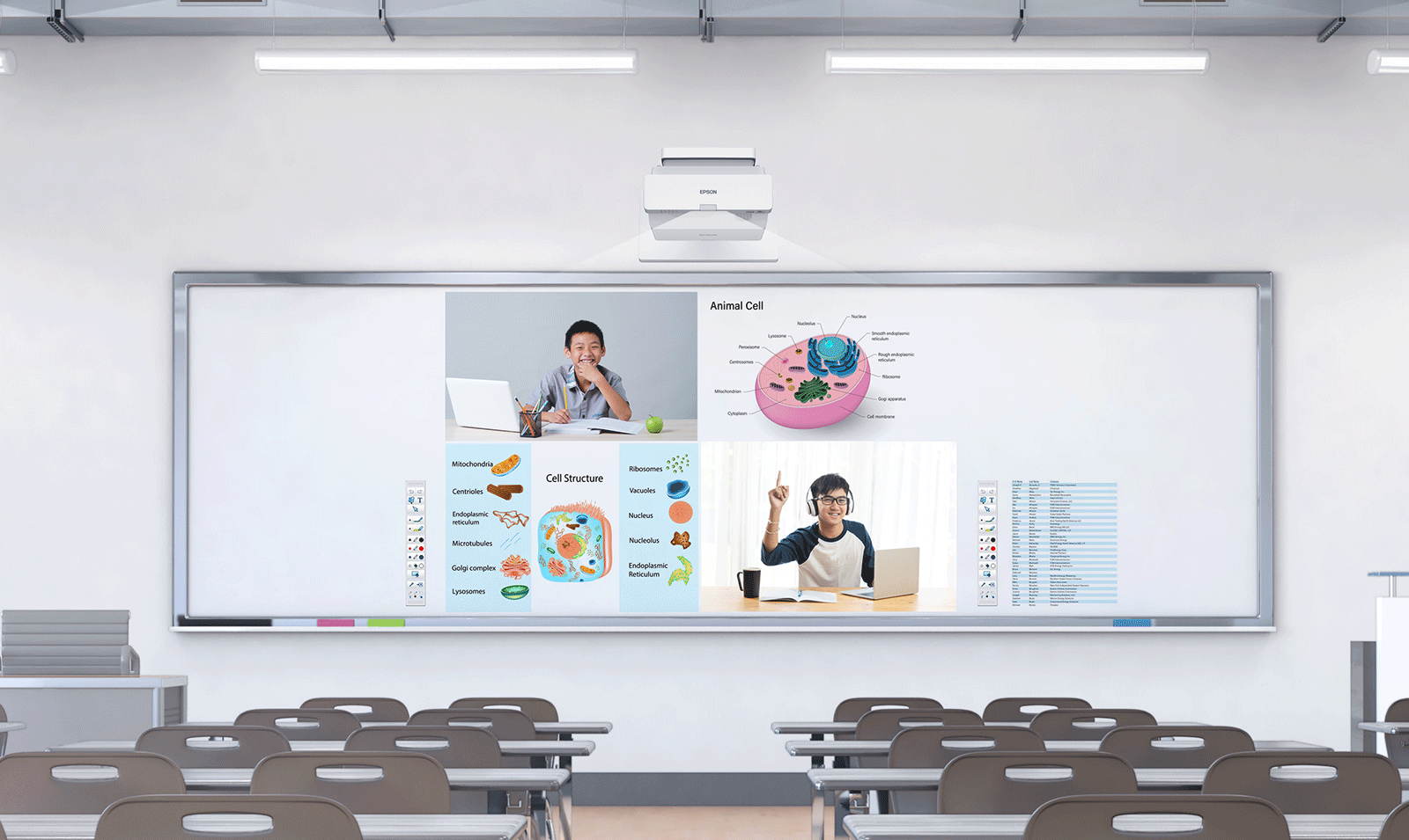 Epson EB-770F — Classroom illustration showing shared projected content.