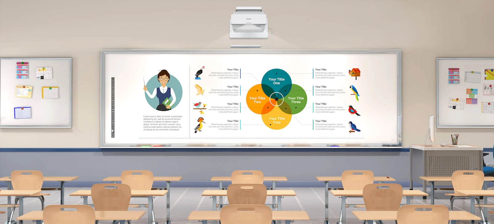 Epson EB-770Fi — Classroom illustration showing interactive learning content.