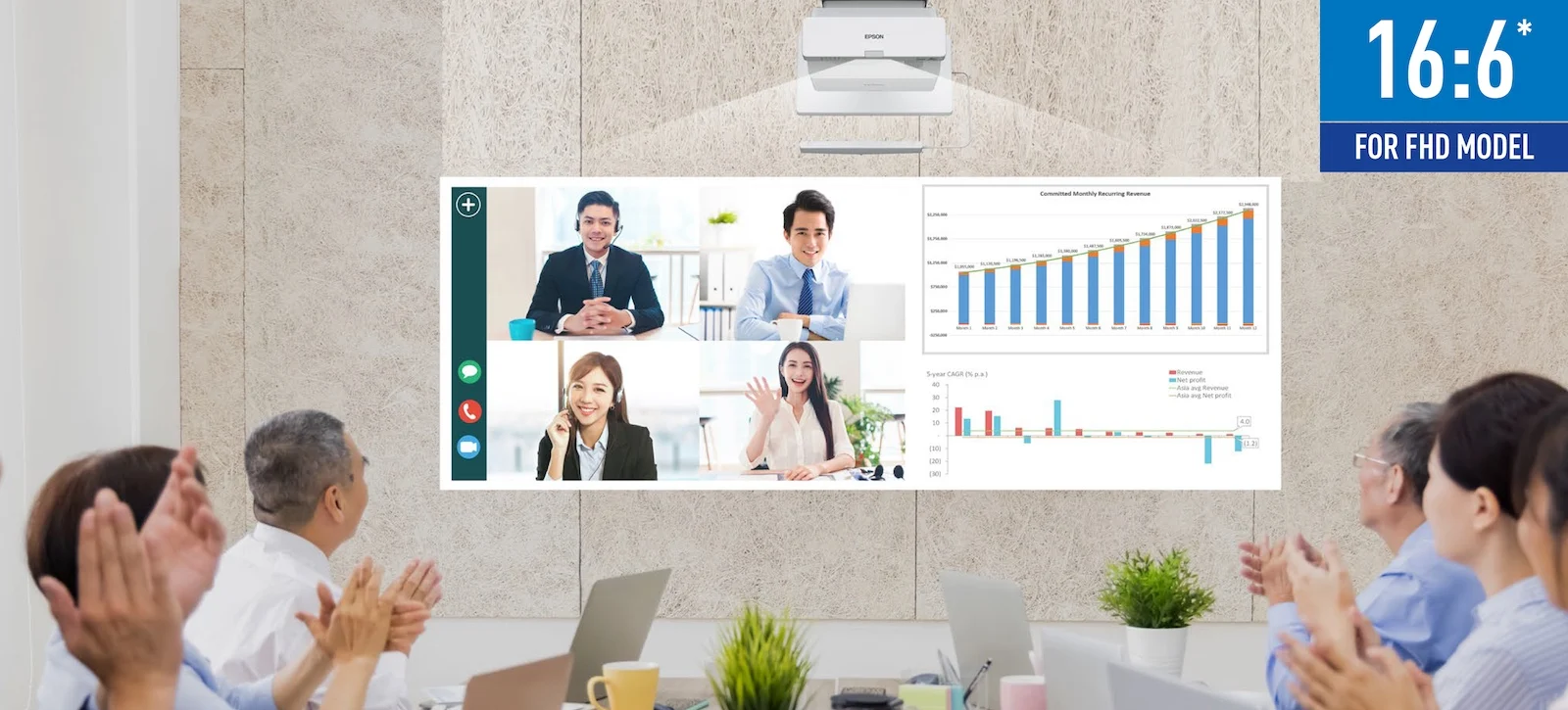 Epson EB-770Fi — Meeting illustration showing a 16:6 layout with shared content.