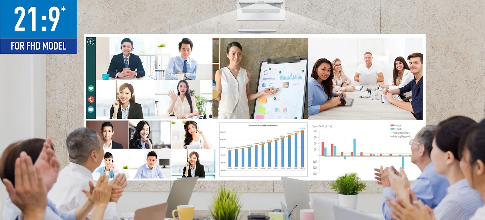 Epson EB-770Fi — Meeting illustration showing a 21:9 layout with remote participants.