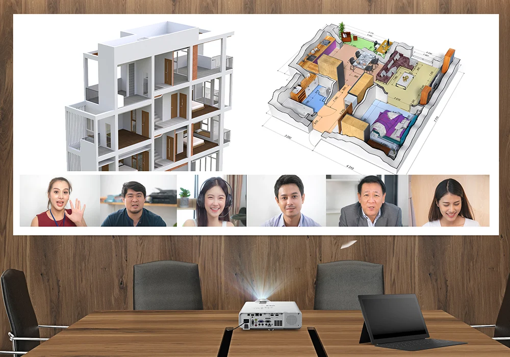 Epson EB-L210SF — Meeting illustration combining presentation content and remote participants.
