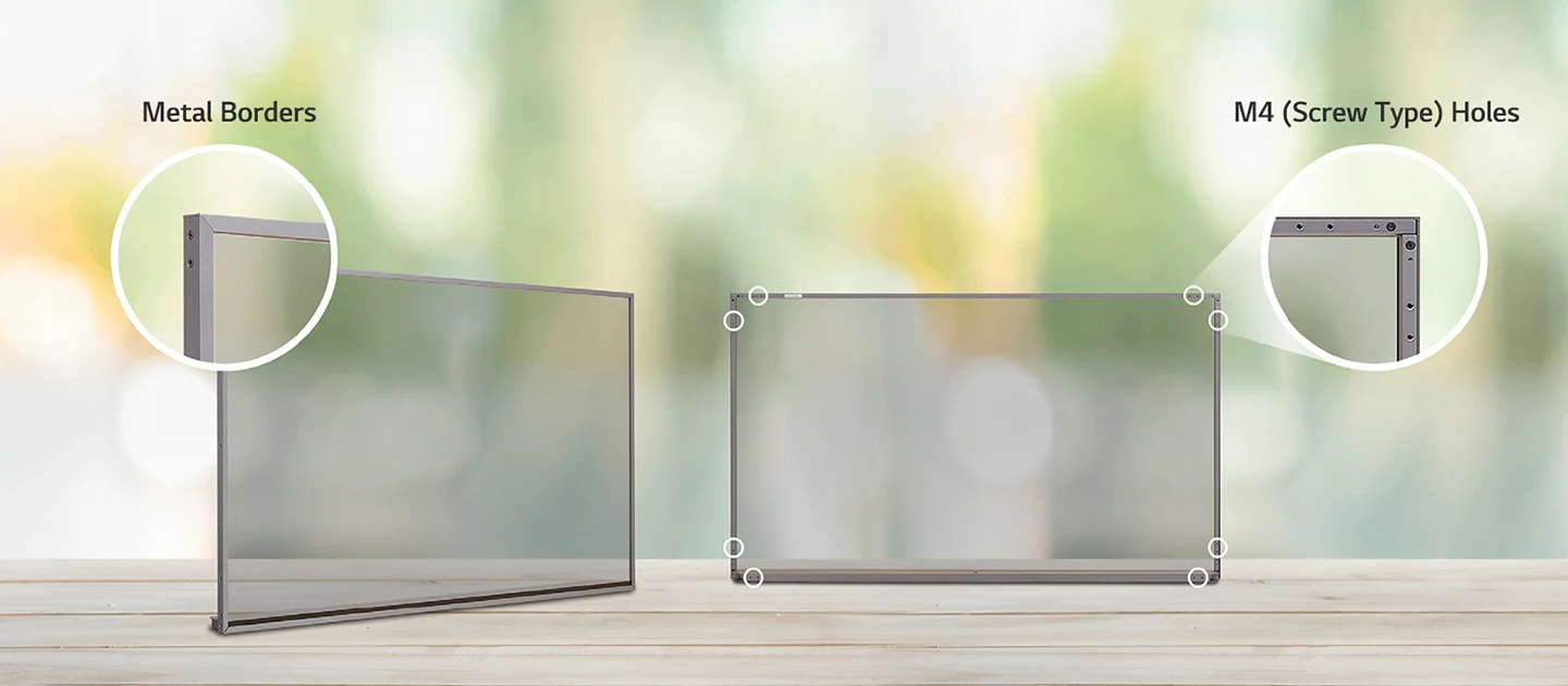 The metal borders on the bezel areas of the 55EW5P, along with the M4 (screw type) holes at each edge, are shown in an enlarged view.