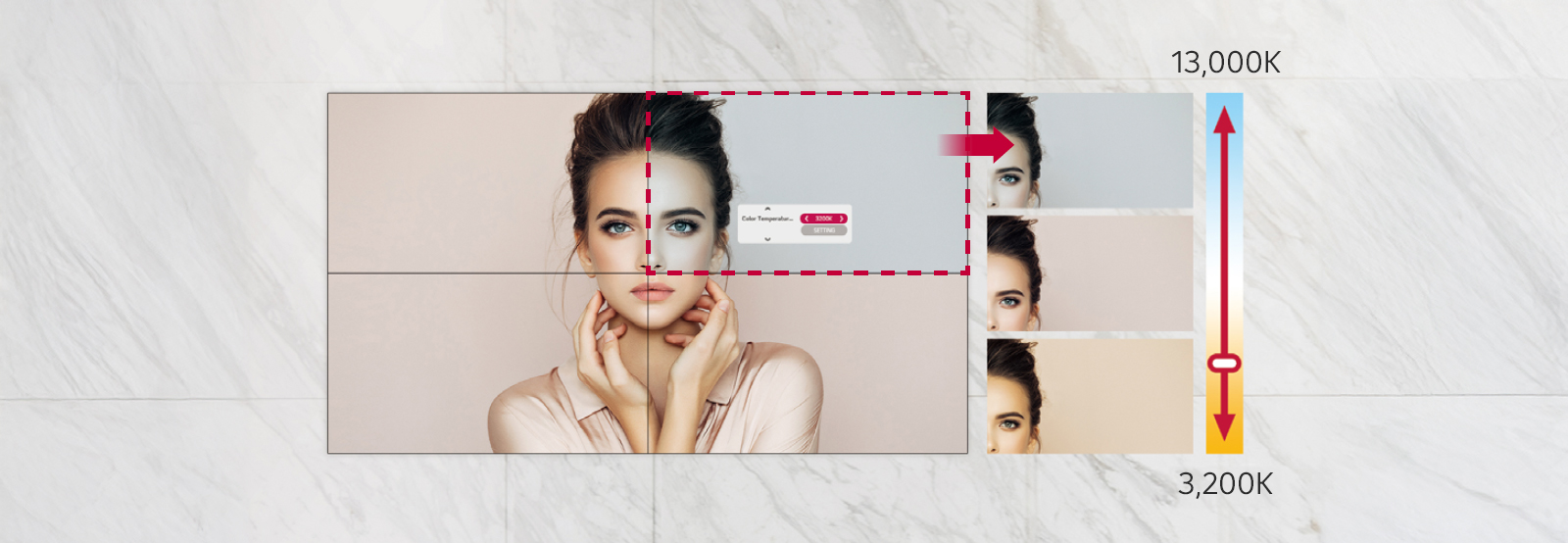 VM5R can adjust the color temperature from 3,200K to 13,000K in 100K increments.