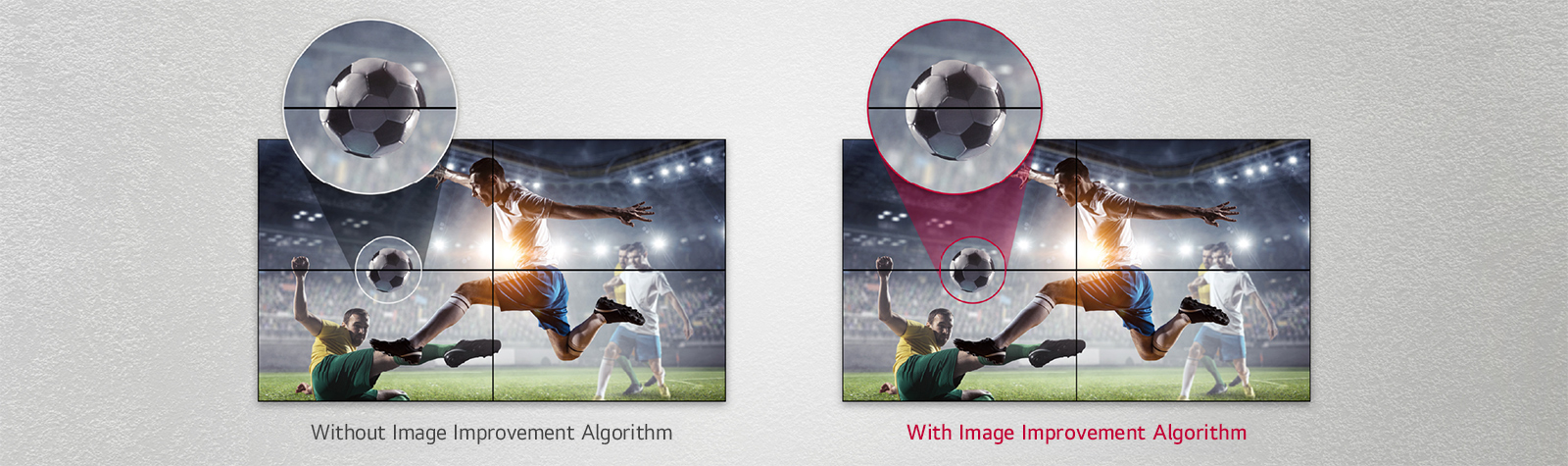 The video wall on the left without the image improvement algorithm shows misalignment between displays, while the video wall on the right with the algorithm minimizes it, resulting in a more seamless image.