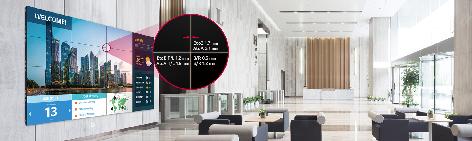 A video wall is installed in the lobby, and it provides immersive images with an ultra-slim bezel.