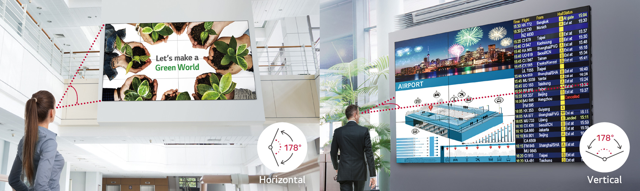 A woman looks up at a VM5R installed on an upper-level railing, while a man passes by a VM5R mounted on a nearby wall. Both are able to view vivid, undistorted images from any position thanks to its wide 178-degree horizontal and vertical viewing angles.