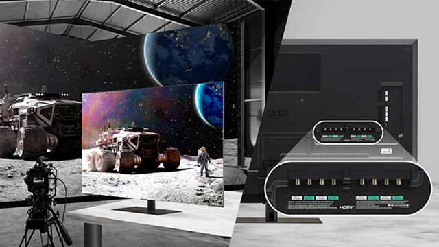 The left image shows content being monitored in a studio using the 65EP5Q, while the right image displays a close-up of the 65EP5Q’s rear interface, showcasing its diverse input and output options.