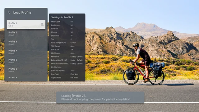 The image shows the 65EP5Q's Load Profile menu interface, illustrating how multiple user-specific screen setting profiles are stored separately and can be easily switched between.