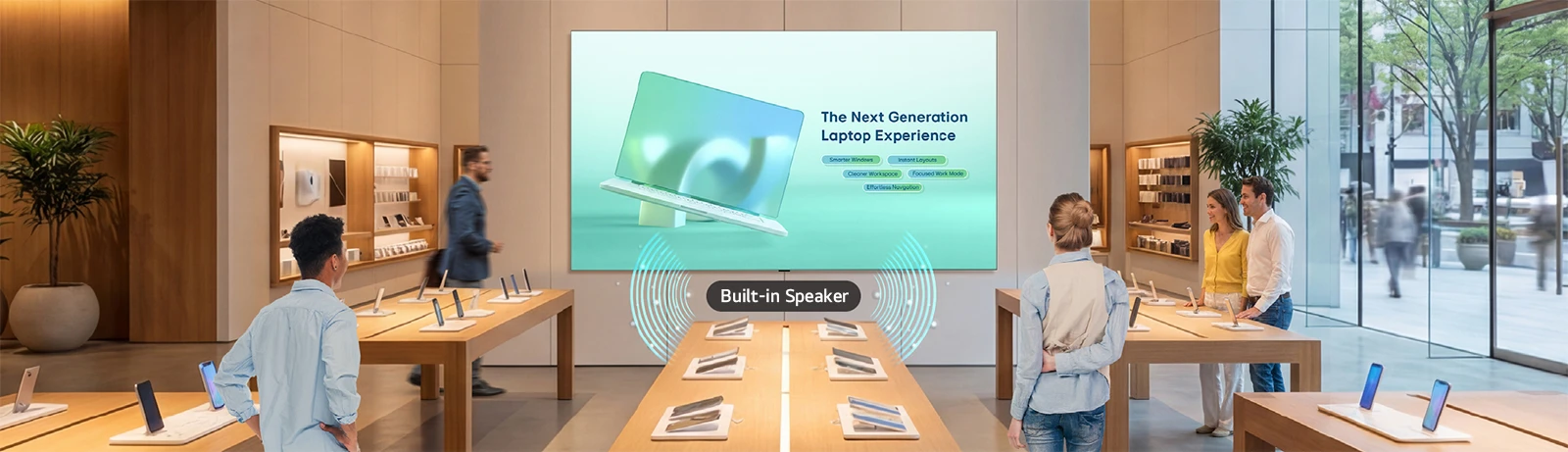 A large LASA136 screen mounted on the wall of an electronics store displays a product advertisement, with sound playing through its built-in speaker.