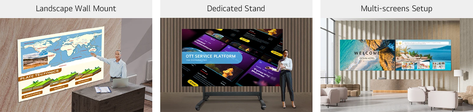 Multiple LASA136 displays, installed on the wall with a landscape wall mount, with a dedicated stand, and side by side as two displays in a multi-screen setup, are shown in three different images.