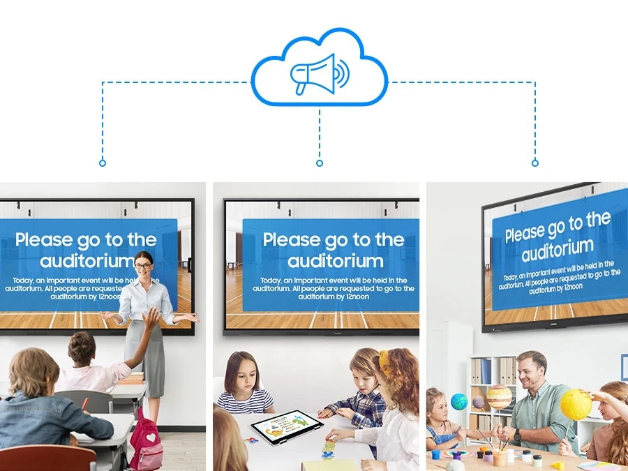 Samsung WAF — There is a cloud-shaped notification icon at the top, with three distinct classrooms depicted below, each equipped with a WAF display. The screens of all three WAFs show an identical message: 'Please go to the auditorium,' illustrating a unified communication system across different spaces.