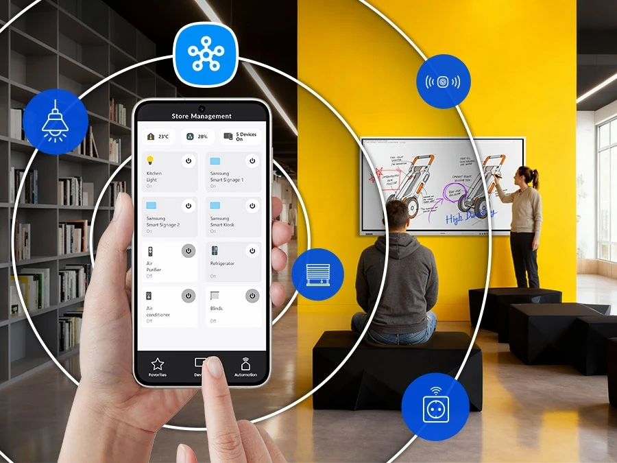 The Flip is installed on the wall of the huddle room and is connected to other devices via the SmartThings Pro app.