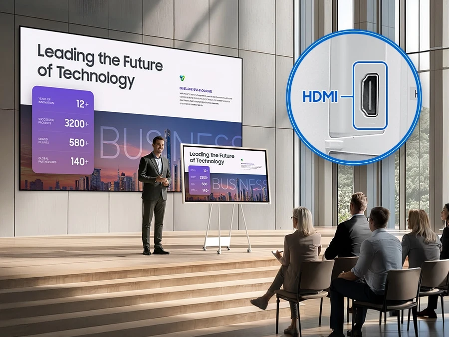 A man is giving a presentation in a large conference room with materials displayed on the Flip. Through the HDMI Out function, the materials are also shown on a large screen, making them clearly visible to those sitting at the back.
