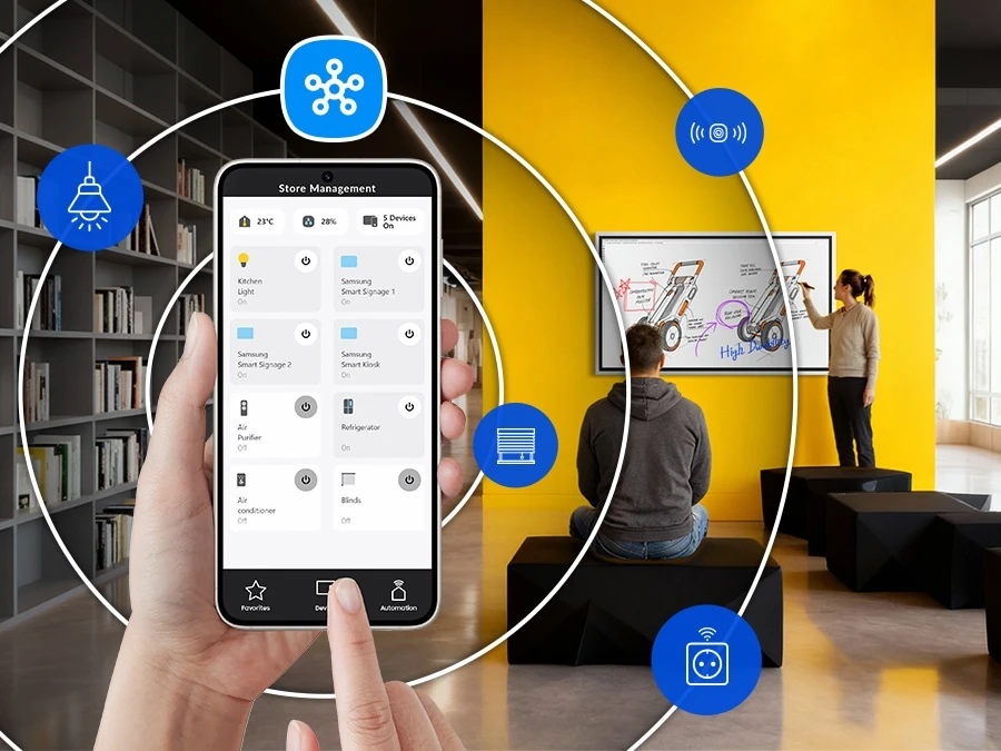 The Flip is installed on the wall of the huddle room and is connected to other devices via the SmartThings Pro app.
