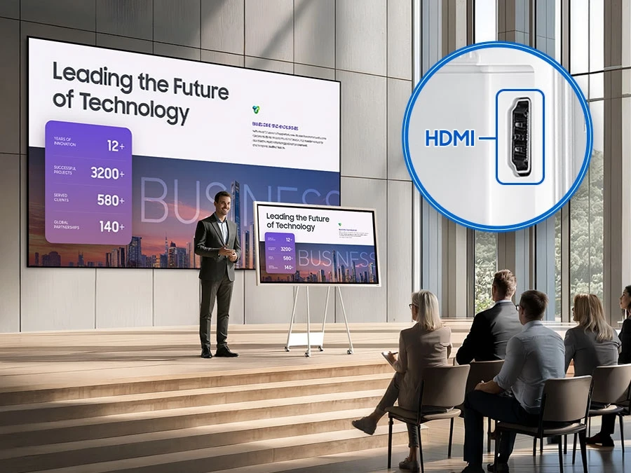 A man is giving a presentation in a large conference room with materials displayed on the Flip. Through the HDMI Out function, the materials are also shown on a large screen, making them clearly visible to those sitting at the back.