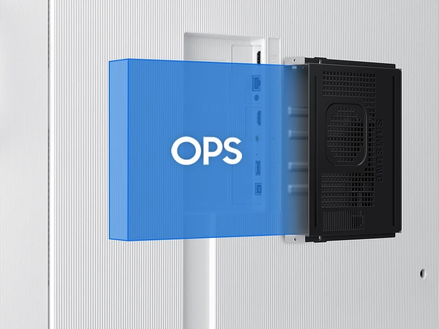 Back of a display, with a blue-highlighted OPS slot, indicating modular connectivity.